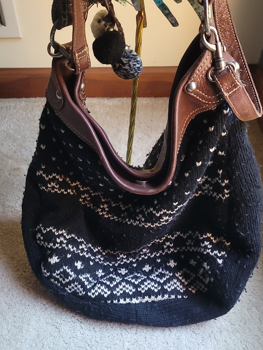 American Eagle Outfitters Black and Cream Knit Hobo Bag with Brown Trim